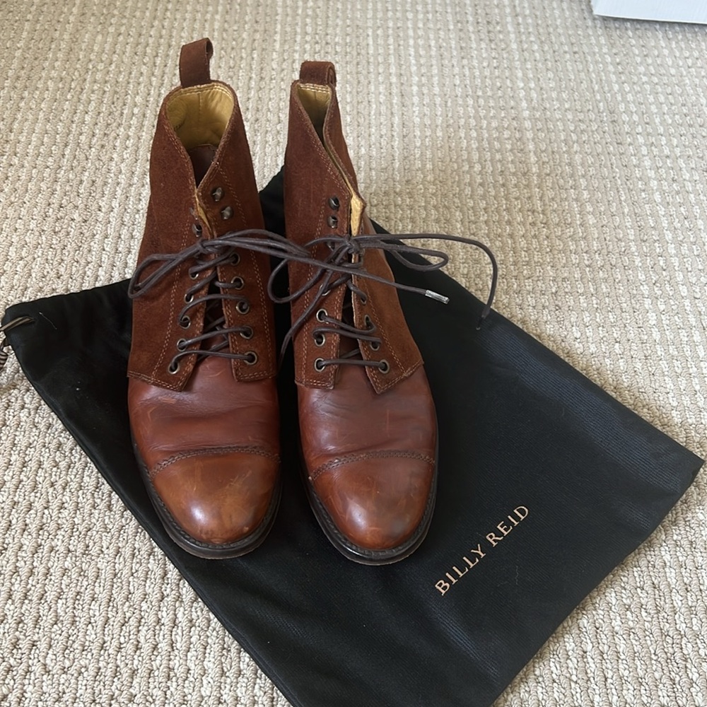 Billy Reid size 9 lace up suede and leather cognac brown booties